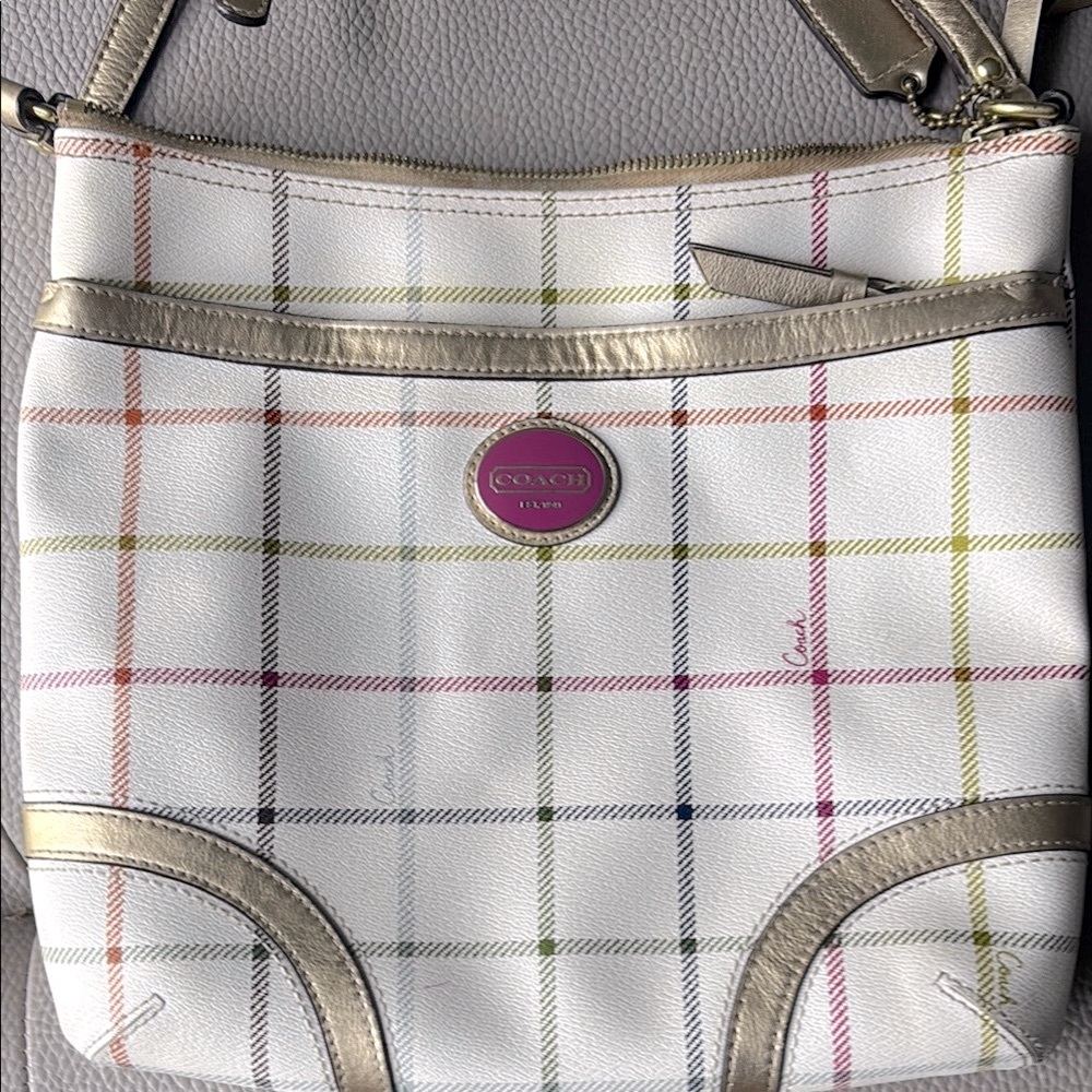 Coach White and Gold Crossbody Bag with Leather Trim
